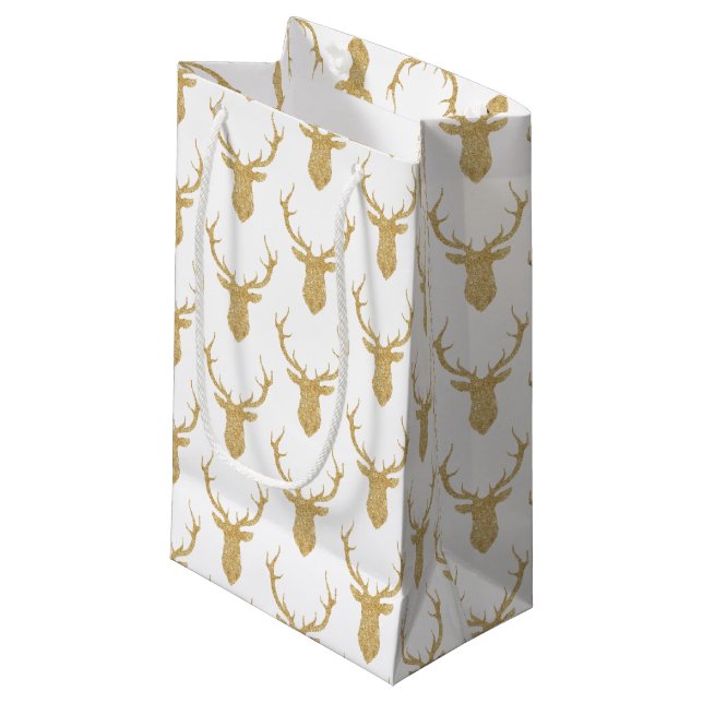 Faux Gold Glitter Christmas Deer Small Gift Bag (Front Angled)