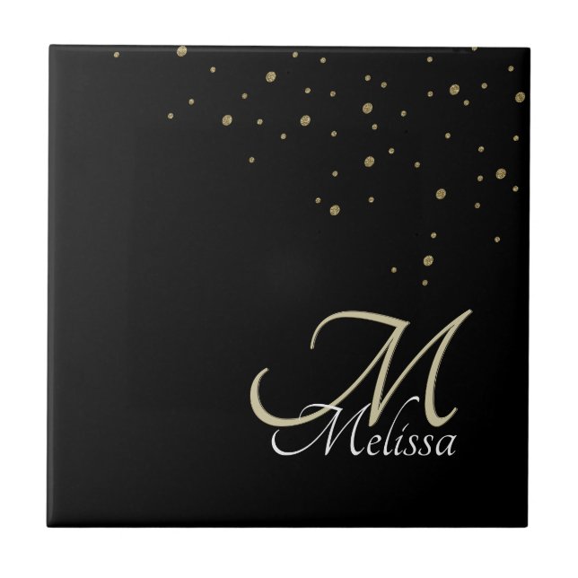 Faux Gold Glitter Confetti Name and Gold Monogram Tile (Front)
