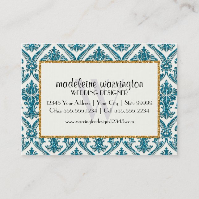 Faux Gold Glitter Damask Floral Pattern Business Card (Back)