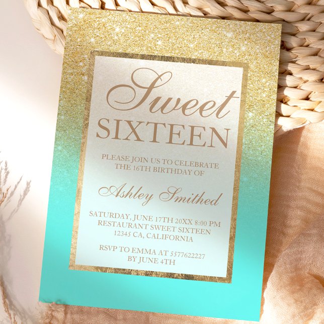 Faux gold glitter elegant aqua teal Sweet 16 Invitation (Creator Uploaded)