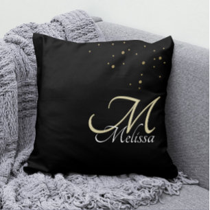 Faux Gold Glitter + Embossed Gold Monogram Black Cushion