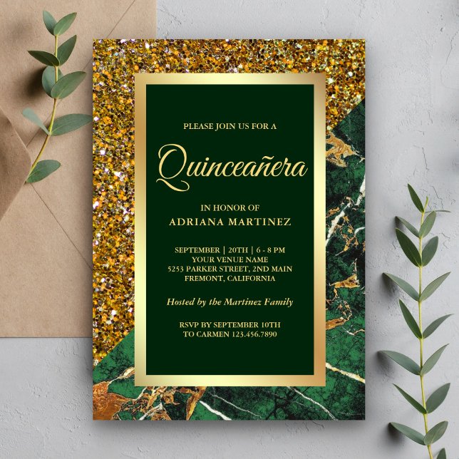 Faux Gold Glitter Emerald Green Marble Quinceanera Invitation (Creator Uploaded)