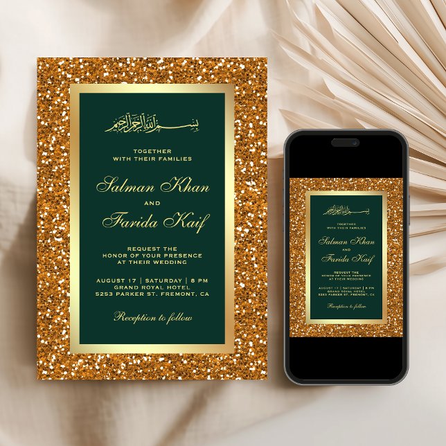 Faux Gold Glitter Emerald Islamic Muslim Wedding Invitation (Creator Uploaded)