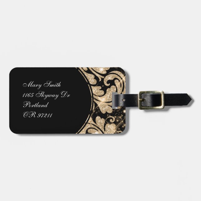 Faux Gold Glitter Floral Swirl Luggage Tag (Front Horizontal)