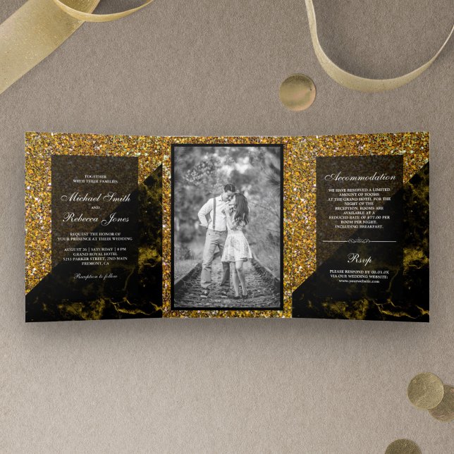Faux Gold Glitter Gold Marble Wedding Photo Tri-Fold Invitation (Creator Uploaded)
