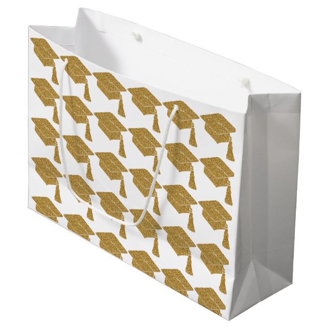 Faux Gold Glitter Grad Cap Graduation Large Gift Bag (Front Angled)