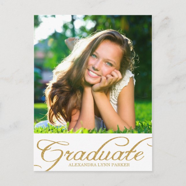 Faux Gold Glitter Graduation Party Invite Postcard (Front)