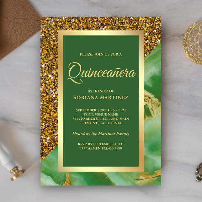 Faux Gold Glitter Green Marble Quinceanera Invitation (Creator Uploaded)