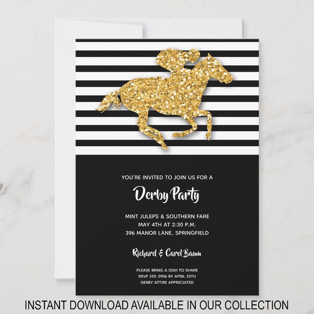 Faux Gold Glitter Horse & Stripes Derby Invitation (INSTANT DOWNLOAD available in our collection to send your invitations digitally.)