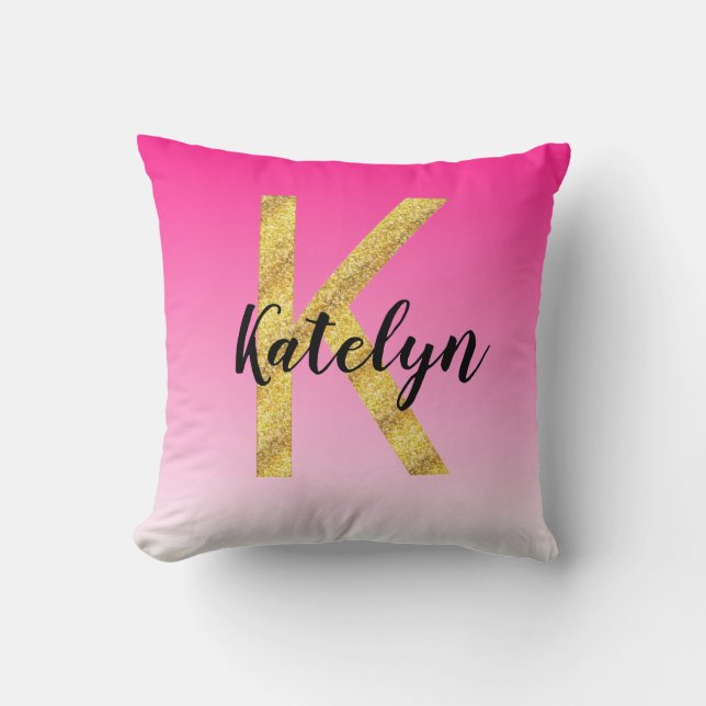 Faux Gold Glitter Initial Letter K Pink Gradient Cushion (Front)