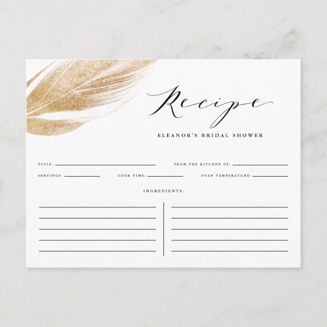 Faux Gold Glitter Leaf Bridal Shower Recipe Card (Front)