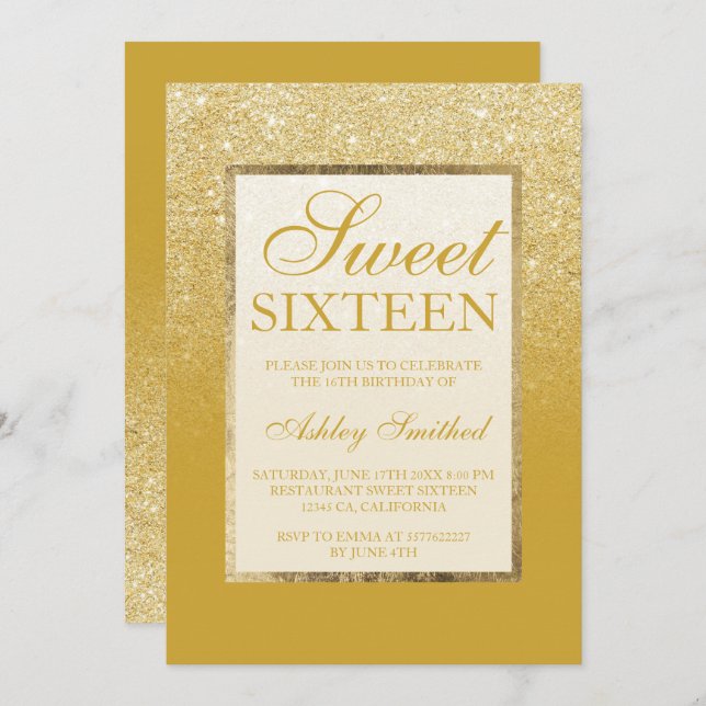 Faux gold glitter lemon curry chic Sweet 16 Invitation (Front/Back)