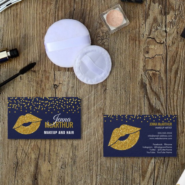 Faux Gold Glitter Lips and Confetti Makeup Artist Business Card (Creator Uploaded)