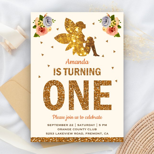 Faux Gold Glitter Magical Fairy 1st Birthday Party Invitation (Creator Uploaded)