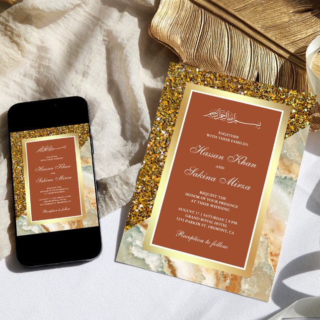 Faux Gold Glitter Marble Terracotta Muslim Wedding Invitation (Creator Uploaded)
