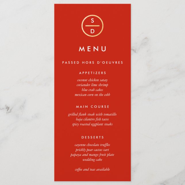 Faux Gold Glitter Monogram Red Wedding Menu (Front)