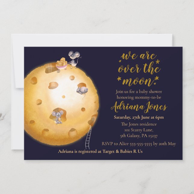 Faux gold glitter, moon made of cheese & cute mice invitation (Front)