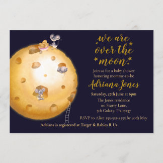 Faux gold glitter, moon made of cheese & cute mice invitation
