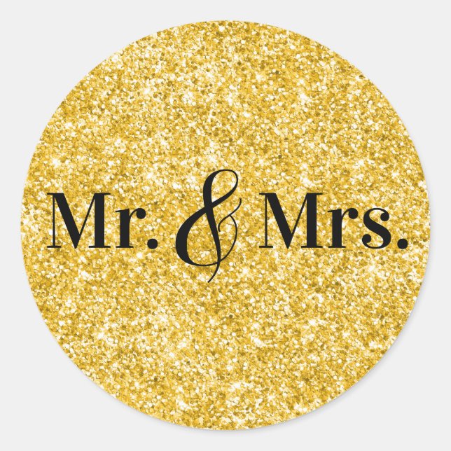 Faux Gold Glitter Mr. & Mrs. Wedding Classic Round Sticker (Front)