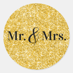 Faux Gold Glitter Mr. & Mrs. Wedding Classic Round Sticker