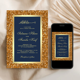 Faux Gold Glitter Navy Blue Islamic Muslim Wedding Invitation
