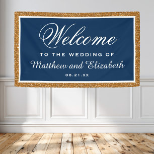 Faux Gold Glitter Navy Blue Wedding Welcome Banner