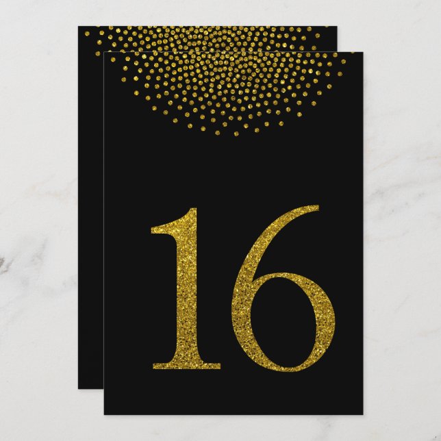 Faux Gold Glitter on Black Table Number Card (Front/Back)