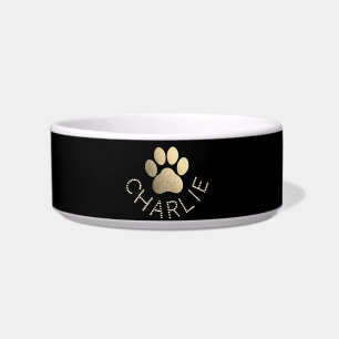 Faux Gold Glitter Pawprint Custom Name Dog Bowl