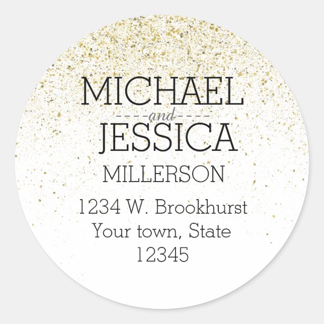 Faux Gold Glitter Personalised name and address Classic Round Sticker (Front)