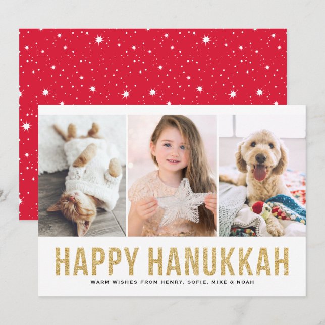 Faux Gold Glitter Photo Collage Happy Hanukkah Holiday Card (Front/Back)