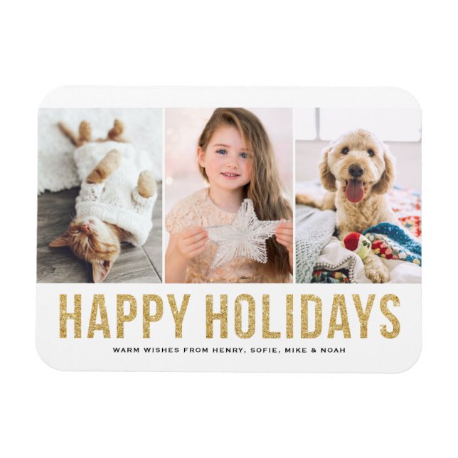 Faux Gold Glitter Photo Collage Happy Holidays Magnet (Horizontal)