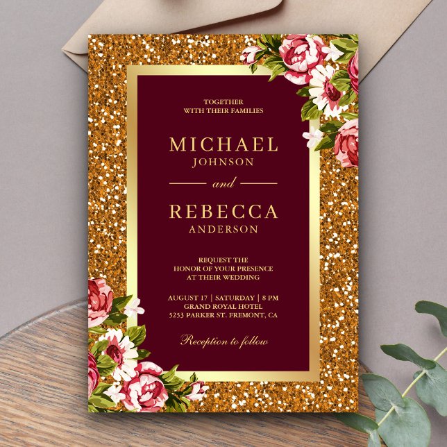 Faux Gold Glitter Pink Floral Burgundy Red Wedding Invitation (Creator Uploaded)