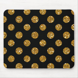 Faux Gold Glitter Polka Dots Pattern on Black Mouse Pad