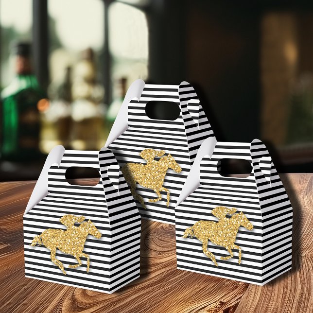 Faux Gold Glitter Race Horse Black White Stripes Favour Box (Gold racehorse Derby party favor boxes are 4"w x 2.5"l x 5"h,  simple assembly required)