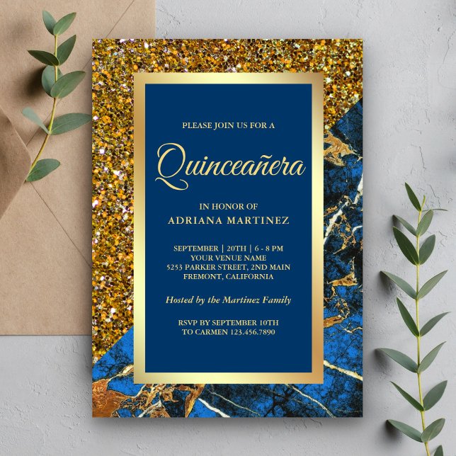 Faux Gold Glitter Royal Blue Marble Quinceanera Invitation (Creator Uploaded)
