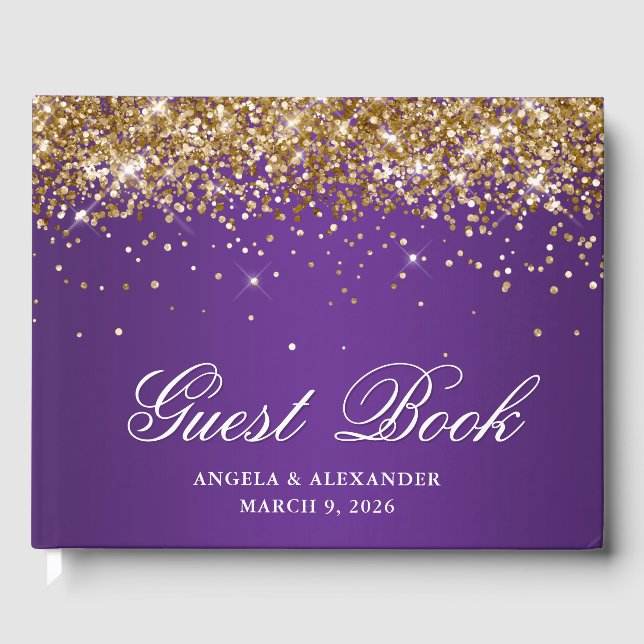 Faux Gold Glitter Royal Purple Ombre Wedding Guest Book (Front)