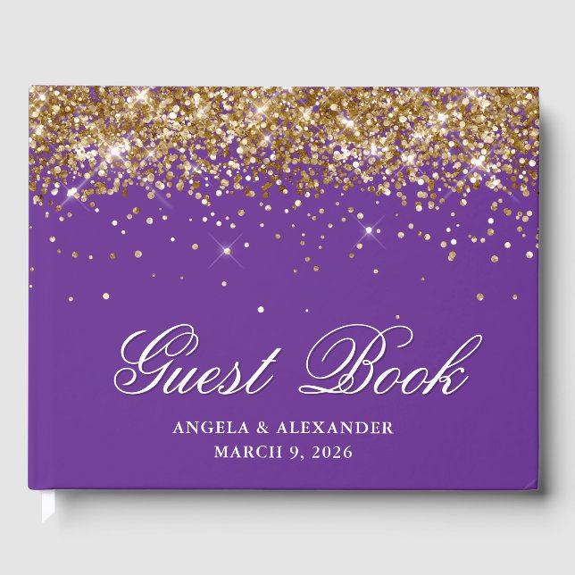 Faux Gold Glitter Royal Purple Wedding Guest Book (Front)