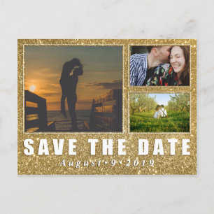 Faux Gold Glitter Save The Date 3 Photo Postcard