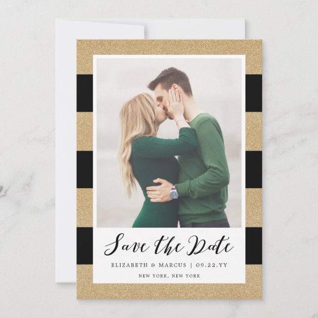 Faux Gold Glitter Save the Date Card (Front)