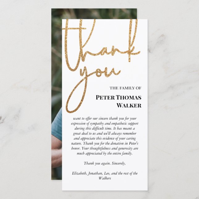 Faux Gold Glitter Script & Photo Funeral Thank You (Front/Back)