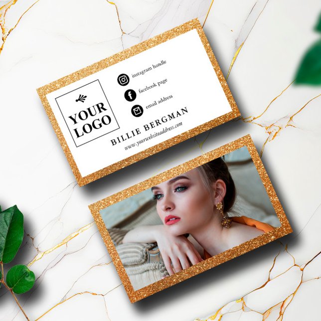 Faux Gold Glitter Social Media Logo & Photo Business Card (Creator Uploaded)