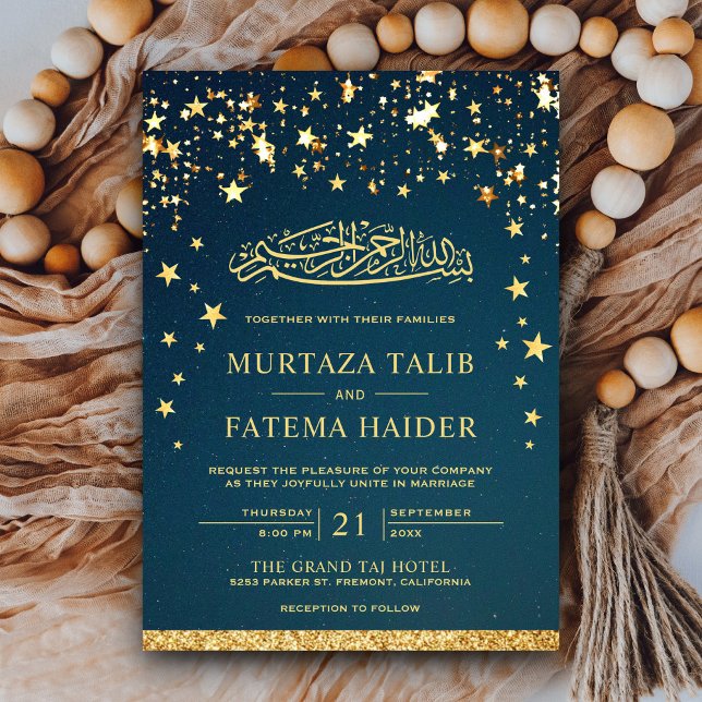 Faux Gold Glitter Stars Blue Muslim Wedding Invitation (Creator Uploaded)