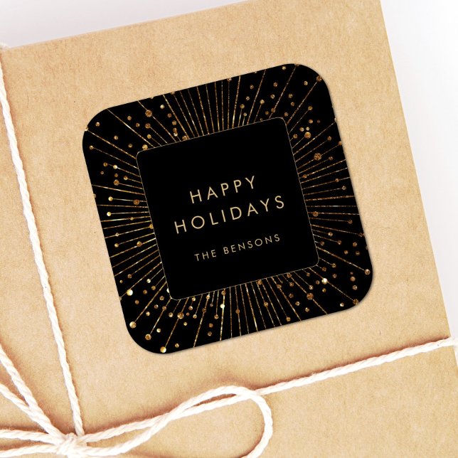 Faux Gold Glitter Sunburst Happy Holidays Square Sticker (Creator Uploaded)