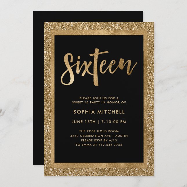 Faux Gold Glitter | Sweet 16 Party Invitation (Front/Back)