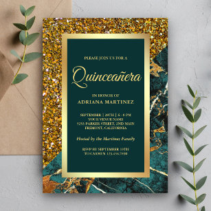 Faux Gold Glitter Teal Green Marble Quinceanera Invitation