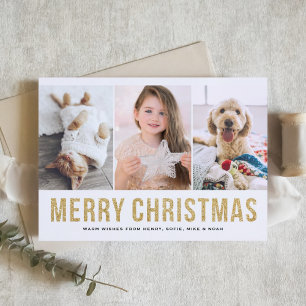 Faux Gold Glitter Three Photo Collage Christmas Holiday Card