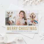 Faux Gold Glitter Three Photo Collage Christmas Holiday Postcard<br><div class="desc">Merry Christmas | Spread holiday cheer with a little sparkle with this stylish multi-photo Christmas postcard. This modern Christmas postcard features faux gold glitter and modern typography with a three-photo collage. Personalise by adding your details. This custom photo collage Christmas postcard is available on other cardstock.</div>