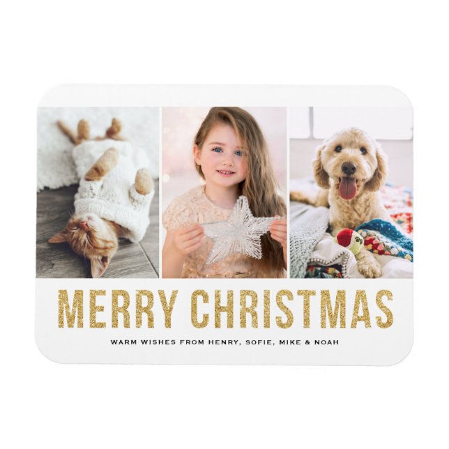Faux Gold Glitter Three Photo Collage Christmas Magnet (Horizontal)
