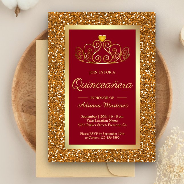 Faux Gold Glitter Tiara Princess Red Quinceanera Invitation (Creator Uploaded)