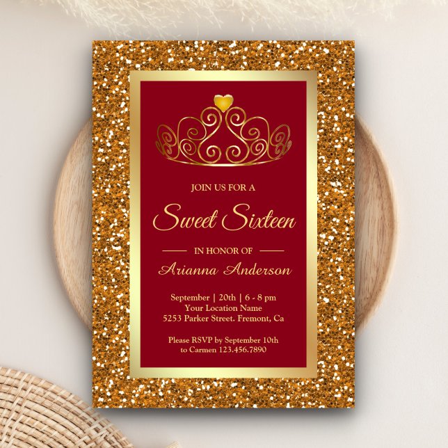 Faux Gold Glitter Tiara Princess Red Sweet Sixteen Invitation (Creator Uploaded)